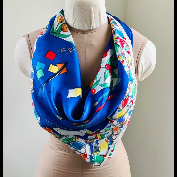 VTG 70’s Perry Ellis silk scarf painter theme print Royal blue & primary colors